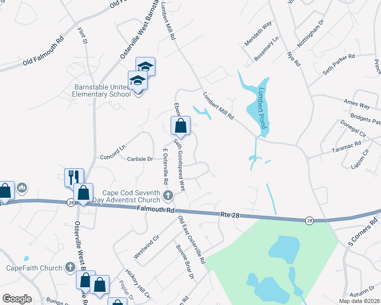 map of restaurants, bars, coffee shops, grocery stores, and more near 216 Ebenezer Road in Barnstable