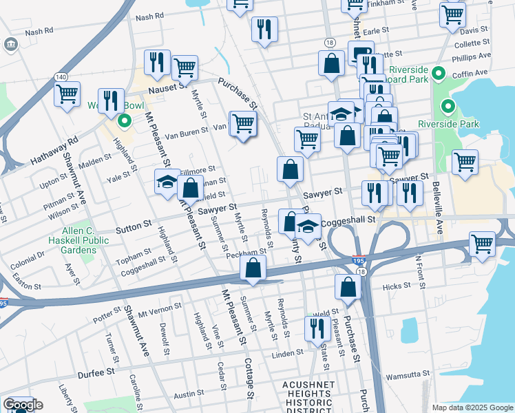 map of restaurants, bars, coffee shops, grocery stores, and more near 448 Sawyer Street in New Bedford