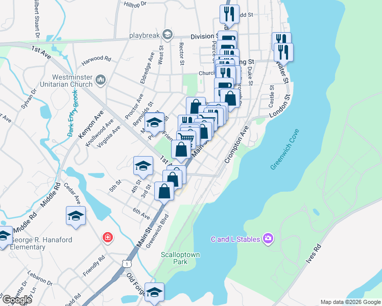 map of restaurants, bars, coffee shops, grocery stores, and more near 572 Main Street in East Greenwich