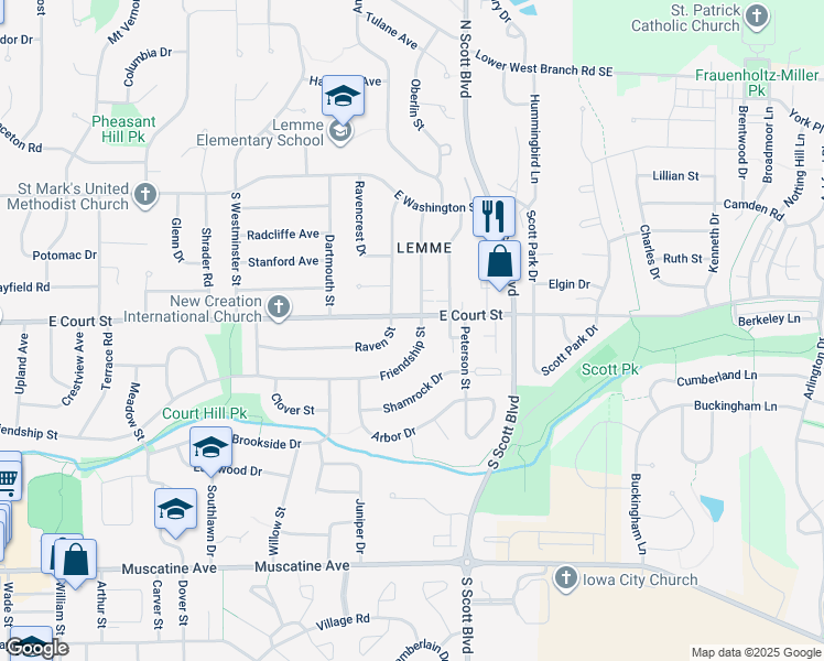 map of restaurants, bars, coffee shops, grocery stores, and more near 3242 Friendship Street in Iowa City