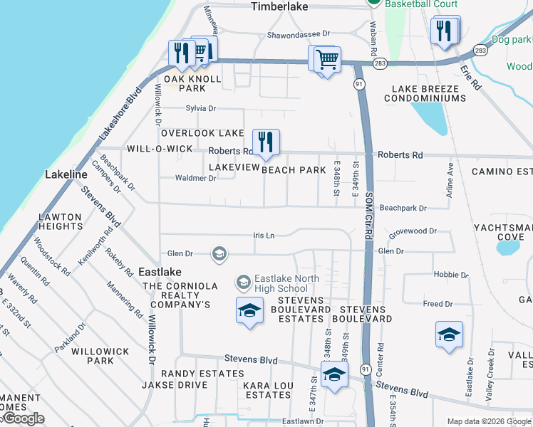 map of restaurants, bars, coffee shops, grocery stores, and more near 34408 Beachpark Drive in Eastlake