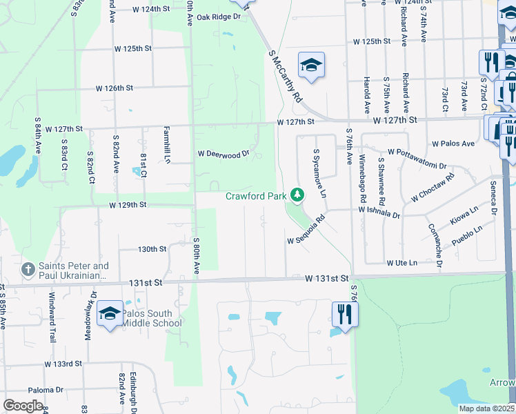 map of restaurants, bars, coffee shops, grocery stores, and more near 12900 78th Court in Palos Heights