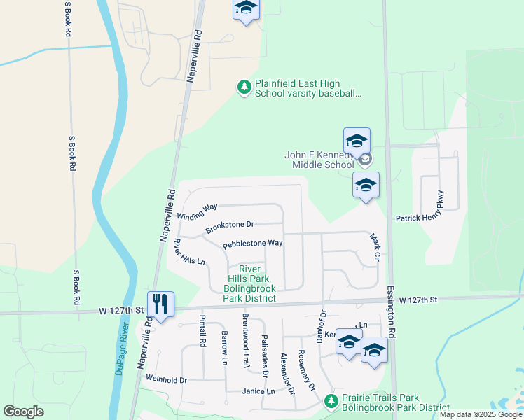 map of restaurants, bars, coffee shops, grocery stores, and more near 1209 Winding Way in Bolingbrook