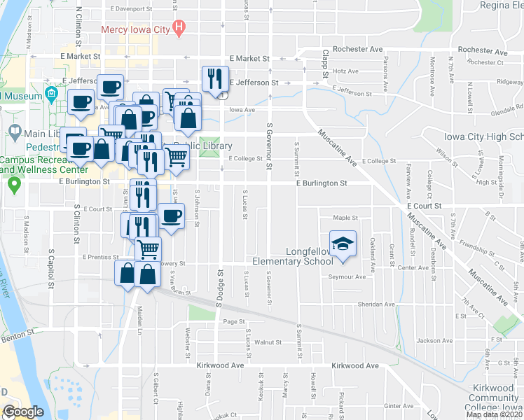 map of restaurants, bars, coffee shops, grocery stores, and more near 347 South Governor Street in Iowa City