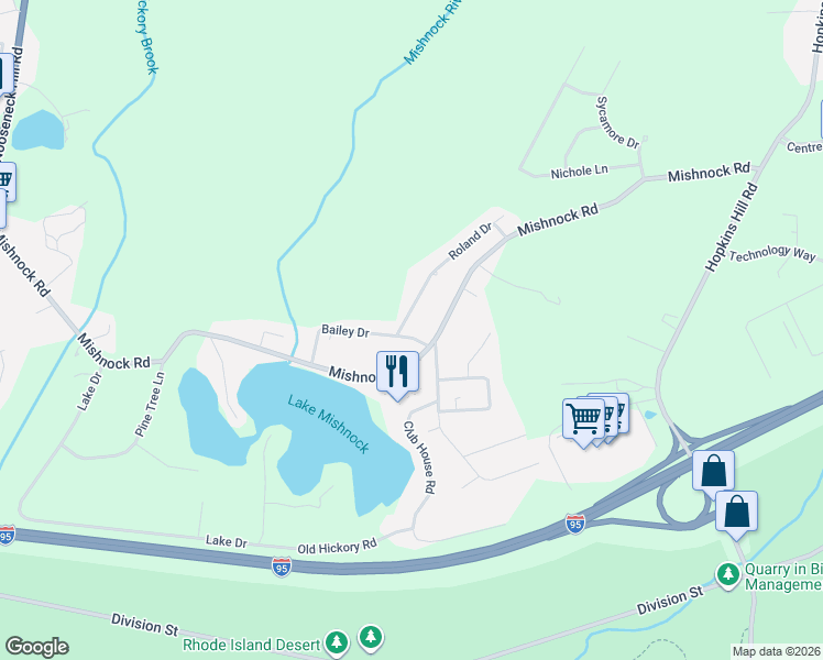 map of restaurants, bars, coffee shops, grocery stores, and more near 9 Bailey Dr in West Greenwich