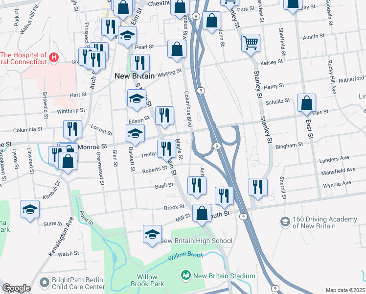 map of restaurants, bars, coffee shops, grocery stores, and more near 304 Maple Street in New Britain