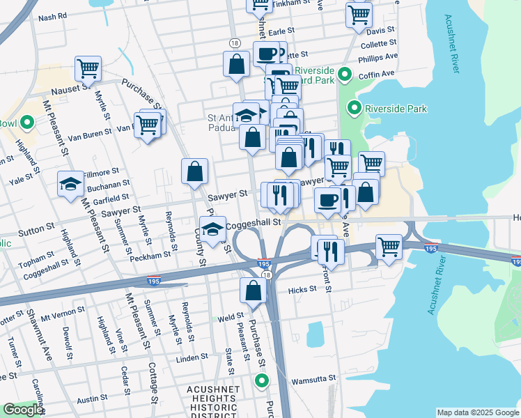 map of restaurants, bars, coffee shops, grocery stores, and more near 102 Ashley Boulevard in New Bedford