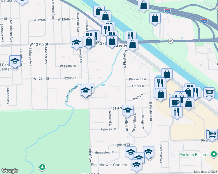 map of restaurants, bars, coffee shops, grocery stores, and more near 5415 West 129th Place in Crestwood