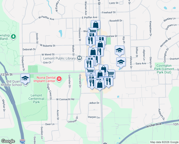 map of restaurants, bars, coffee shops, grocery stores, and more near 15663 127th Street in Lemont
