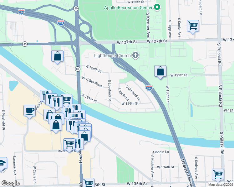 map of restaurants, bars, coffee shops, grocery stores, and more near 4556 West 129th Street in Alsip