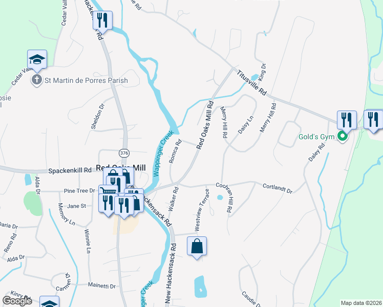 map of restaurants, bars, coffee shops, grocery stores, and more near 26 Red Oaks Mill Road in Poughkeepsie
