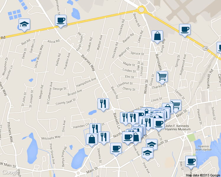 map of restaurants, bars, coffee shops, grocery stores, and more near 142 Chestnut St in Barnstable