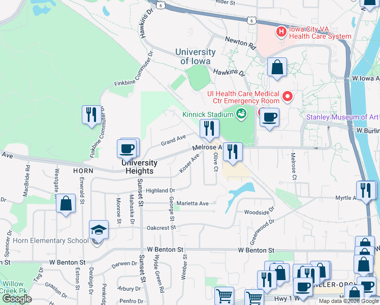 map of restaurants, bars, coffee shops, grocery stores, and more near 30 Koser Avenue in Iowa City