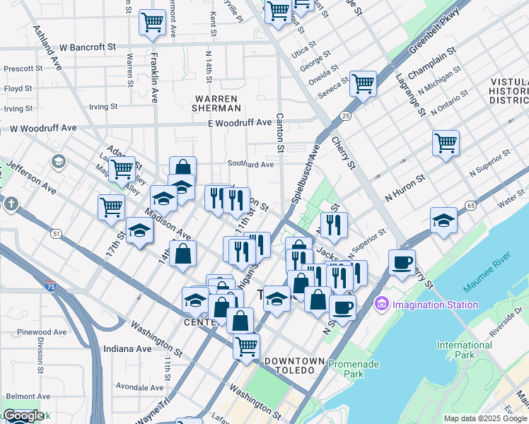 map of restaurants, bars, coffee shops, grocery stores, and more near 905 Jackson Street in Toledo