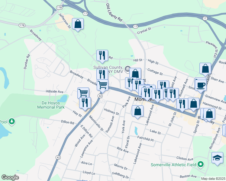 map of restaurants, bars, coffee shops, grocery stores, and more near 541 Broadway in Monticello