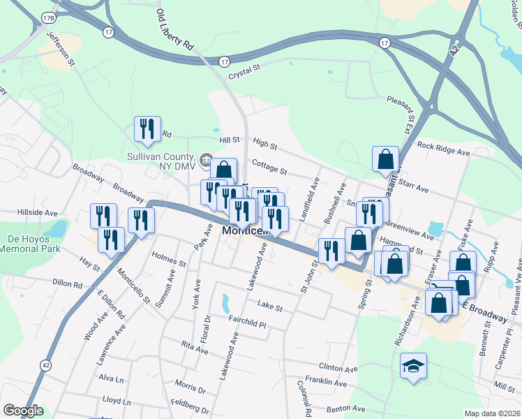 map of restaurants, bars, coffee shops, grocery stores, and more near 38 North Street in Monticello