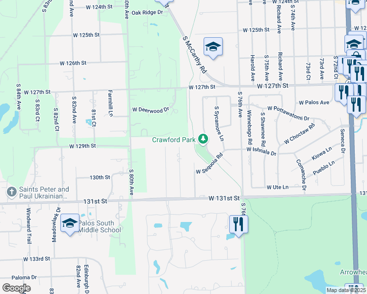 map of restaurants, bars, coffee shops, grocery stores, and more near 12900 78th Court in Palos Heights