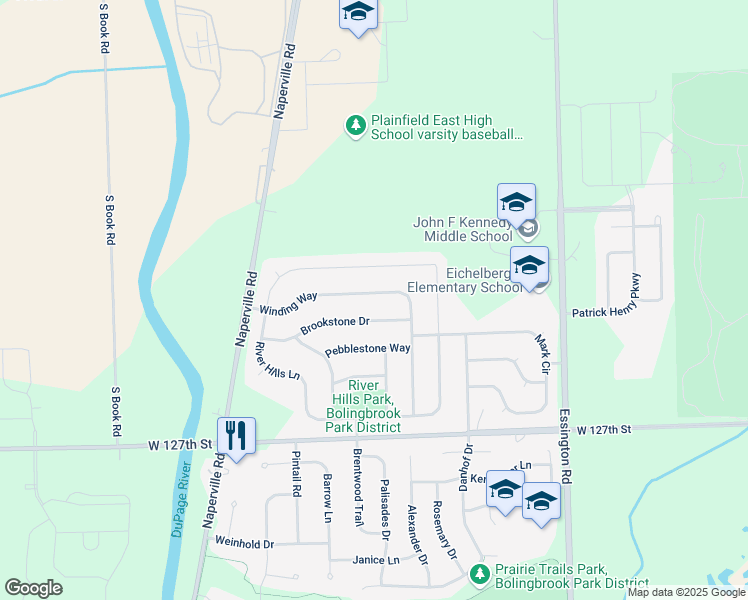 map of restaurants, bars, coffee shops, grocery stores, and more near 1209 Winding Way in Bolingbrook