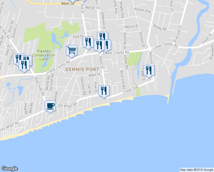 map of restaurants, bars, coffee shops, grocery stores, and more near 22 Depot Street in Dennis