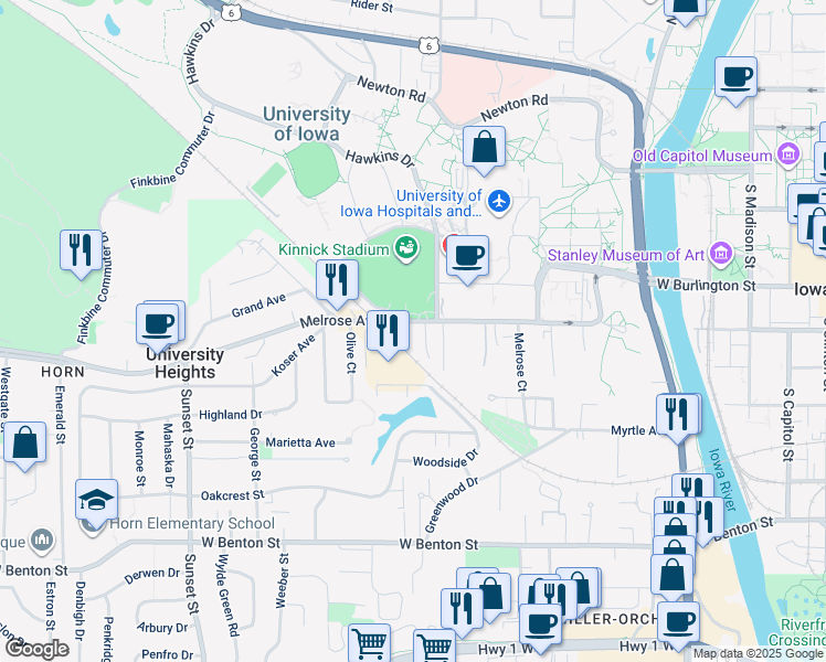 map of restaurants, bars, coffee shops, grocery stores, and more near 807 Melrose Ave in Iowa City