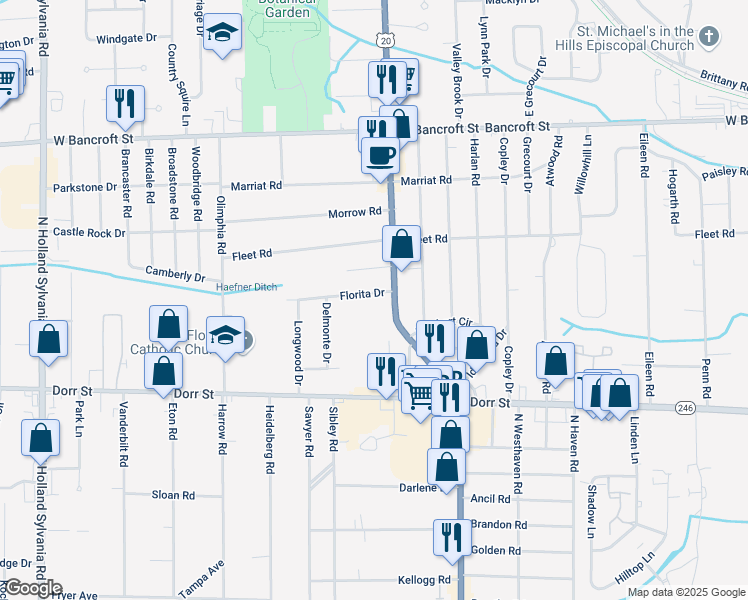 map of restaurants, bars, coffee shops, grocery stores, and more near 5315 Florita Dr in Toledo