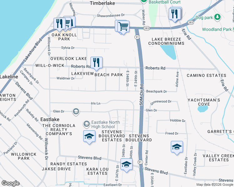 map of restaurants, bars, coffee shops, grocery stores, and more near 34690 Beachpark Drive in Eastlake