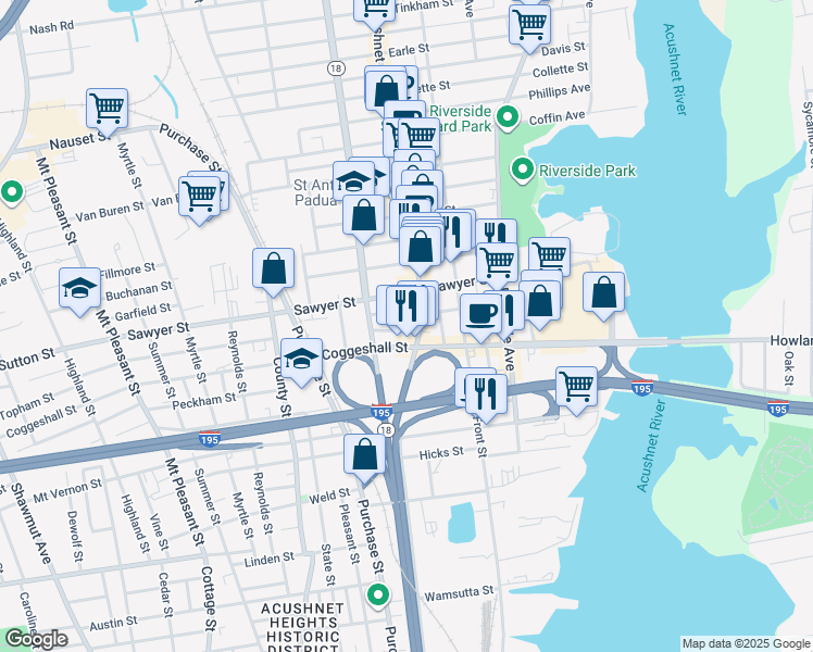 map of restaurants, bars, coffee shops, grocery stores, and more near 9 Bentley Street in New Bedford