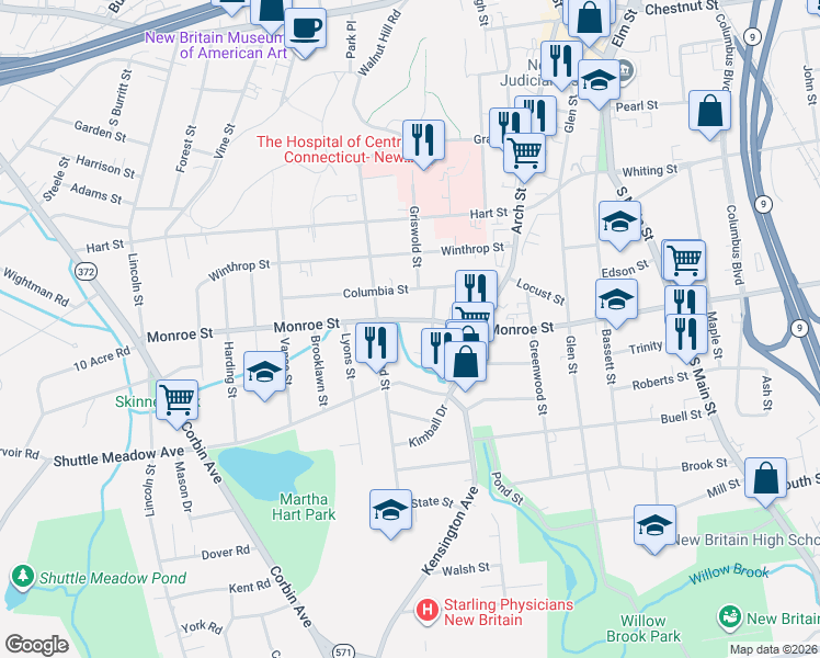 map of restaurants, bars, coffee shops, grocery stores, and more near 170 Monroe Street in New Britain