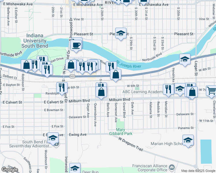 map of restaurants, bars, coffee shops, grocery stores, and more near 500 Berlin Avenue in Mishawaka