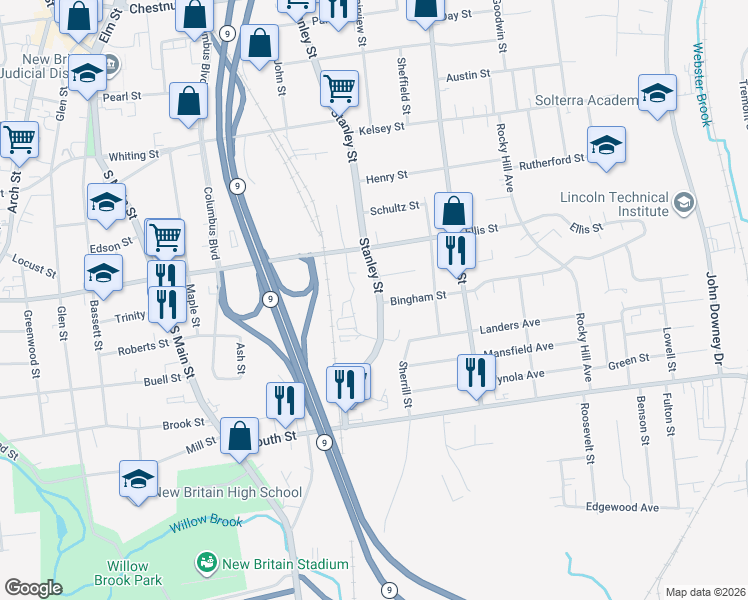 map of restaurants, bars, coffee shops, grocery stores, and more near 296 Stanley Street in New Britain