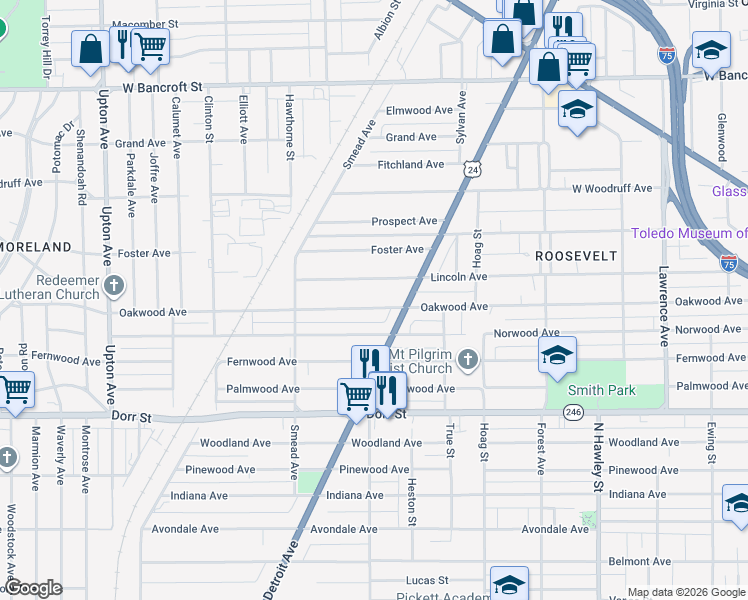 map of restaurants, bars, coffee shops, grocery stores, and more near 1436 Oakwood Avenue in Toledo