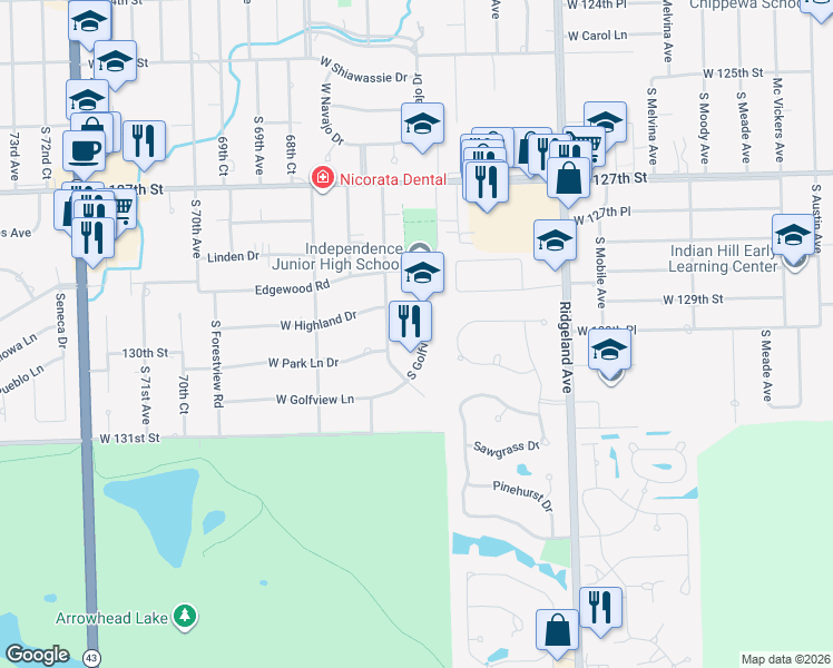 map of restaurants, bars, coffee shops, grocery stores, and more near 12910 South Golfview Lane in Palos Heights