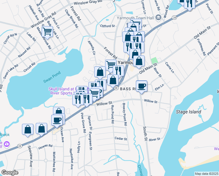 map of restaurants, bars, coffee shops, grocery stores, and more near 976 Massachusetts 28 in Yarmouth