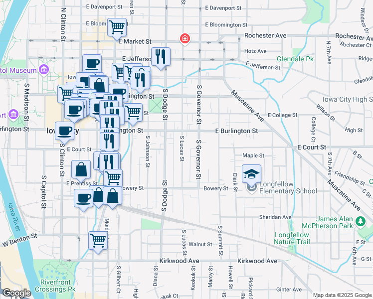 map of restaurants, bars, coffee shops, grocery stores, and more near 402 South Lucas Street in Iowa City