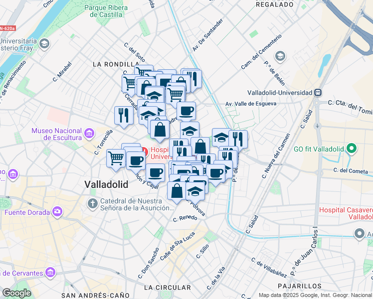 map of restaurants, bars, coffee shops, grocery stores, and more near 47 Calle Doctor Mergelina in Valladolid