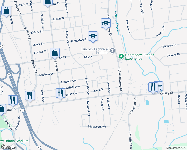 map of restaurants, bars, coffee shops, grocery stores, and more near 21 Louise Court in New Britain