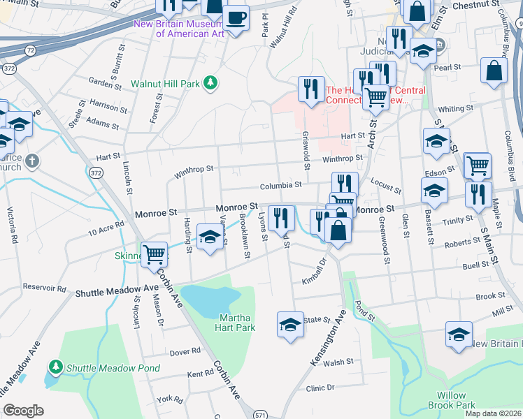map of restaurants, bars, coffee shops, grocery stores, and more near 7 Lyons Street in New Britain