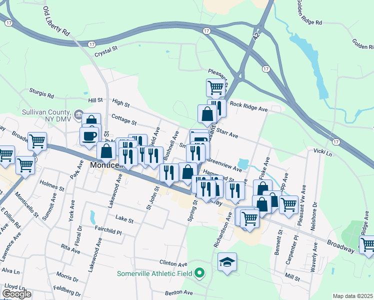 map of restaurants, bars, coffee shops, grocery stores, and more near 9 Smith Street in Monticello