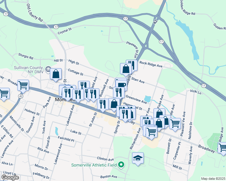 map of restaurants, bars, coffee shops, grocery stores, and more near 9 Smith Street in Monticello
