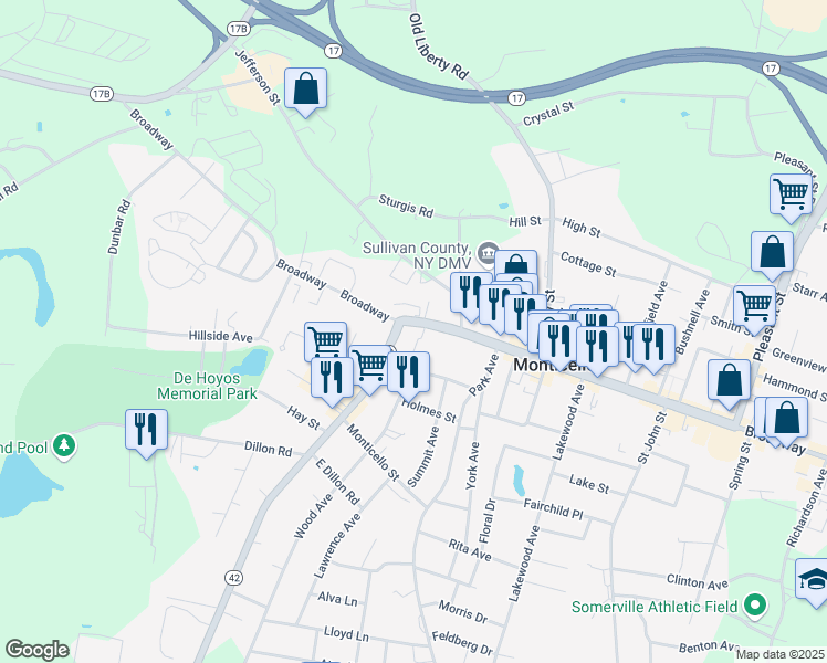 map of restaurants, bars, coffee shops, grocery stores, and more near 3 Forestburgh Road in Monticello