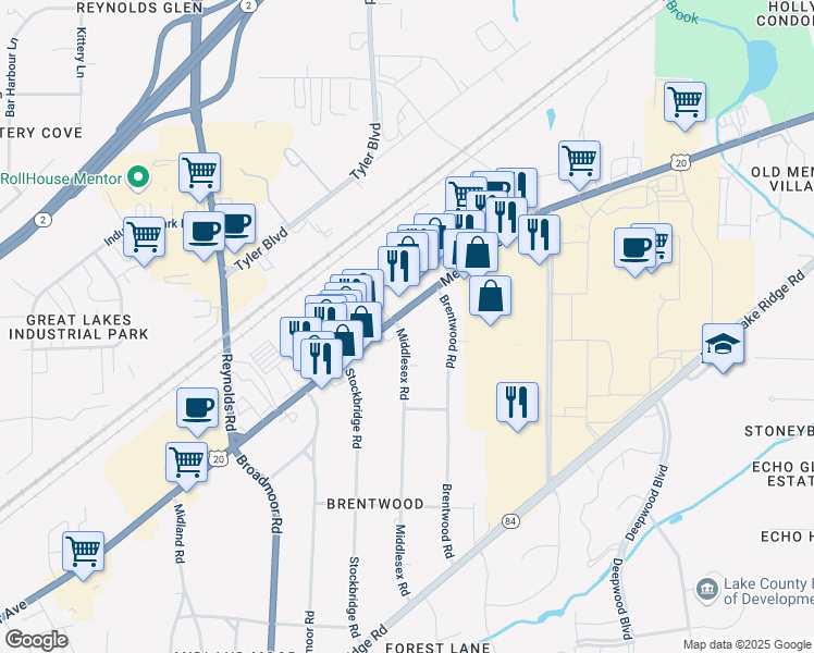 map of restaurants, bars, coffee shops, grocery stores, and more near 7587 Mentor Avenue in Mentor