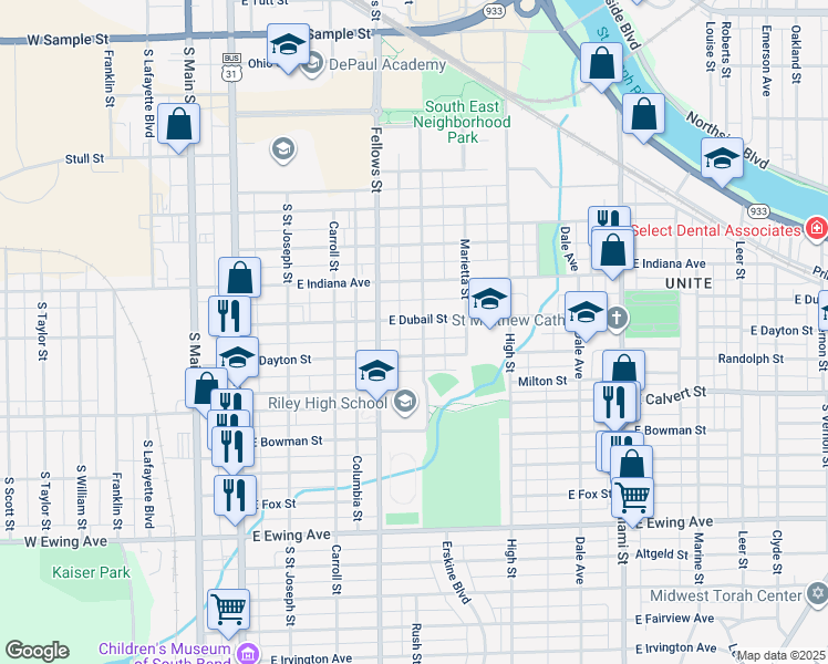 map of restaurants, bars, coffee shops, grocery stores, and more near 1708 Rush Street in South Bend