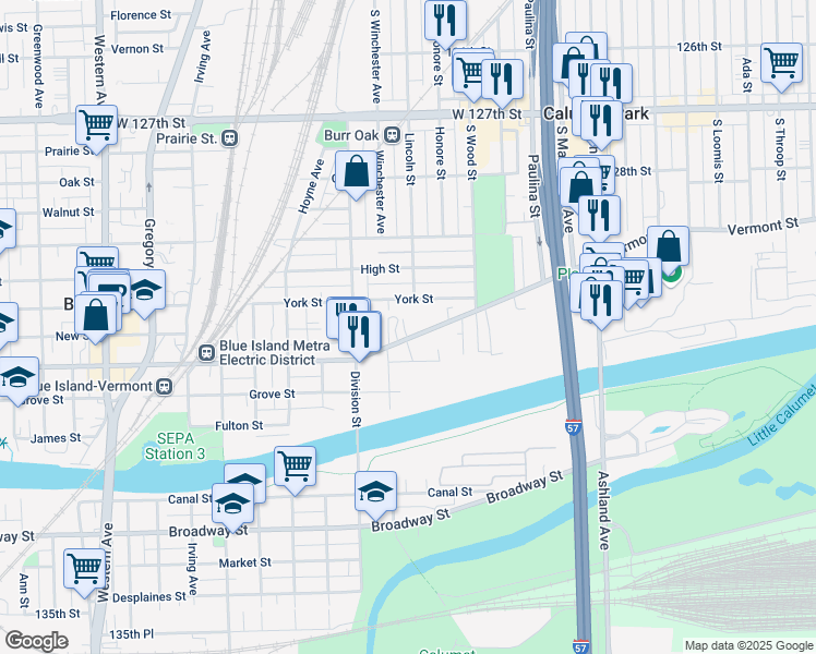 map of restaurants, bars, coffee shops, grocery stores, and more near 1856 Vermont Street in Blue Island