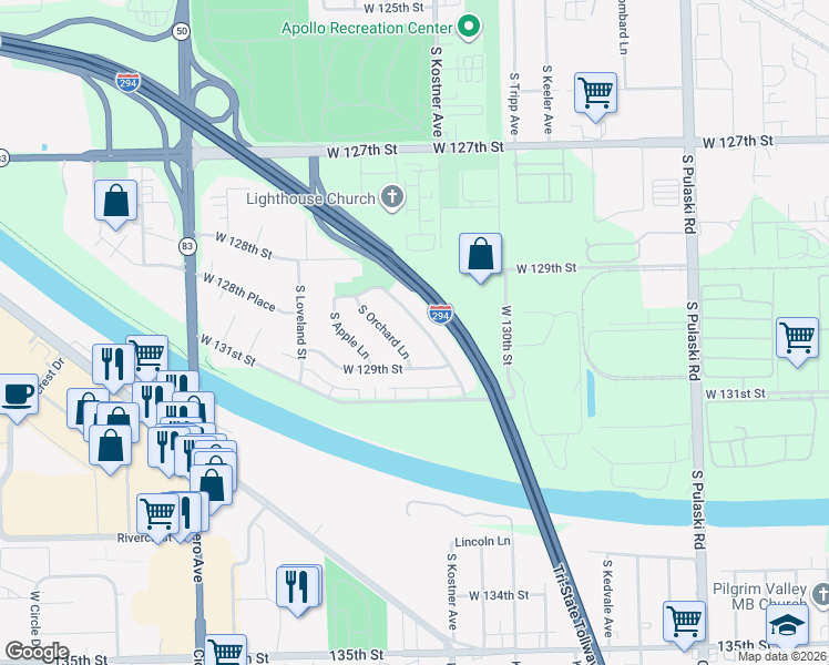 map of restaurants, bars, coffee shops, grocery stores, and more near 12847 South Orchard Lane in Alsip
