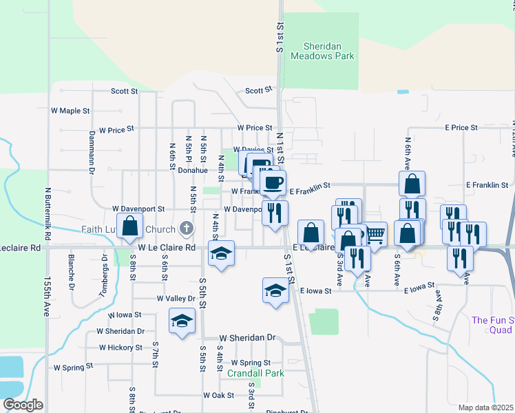 map of restaurants, bars, coffee shops, grocery stores, and more near 202-210 West Davenport Street in Eldridge