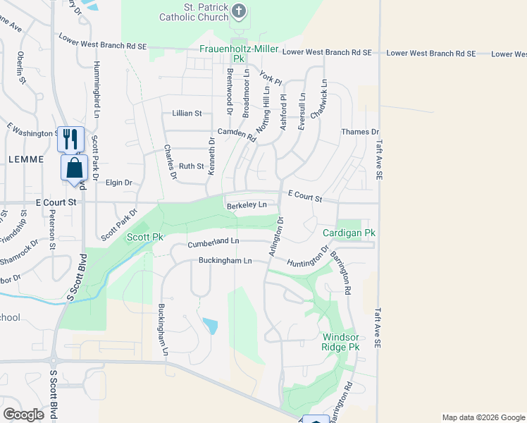 map of restaurants, bars, coffee shops, grocery stores, and more near 4455 Berkeley Lane in Iowa City