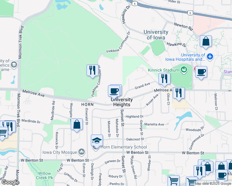 map of restaurants, bars, coffee shops, grocery stores, and more near 1 University Way in Iowa City
