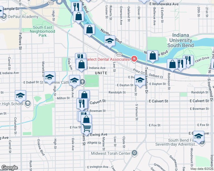 map of restaurants, bars, coffee shops, grocery stores, and more near 1210 East Dayton Street in South Bend