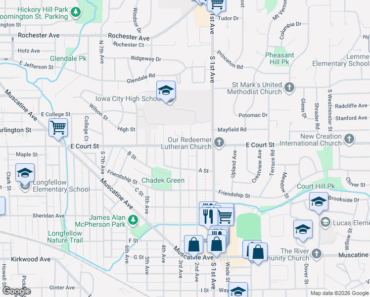 map of restaurants, bars, coffee shops, grocery stores, and more near 2105 East Court Street in Iowa City