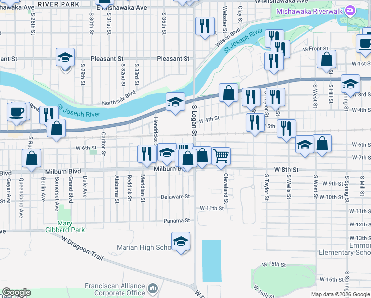 map of restaurants, bars, coffee shops, grocery stores, and more near 506 Burdette Street in Mishawaka